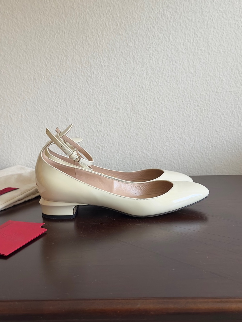 Valentino Garavani Cream Leather Ankle-Strap Low Heel Pumps - Picture 3 of 7